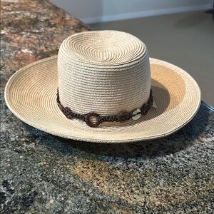 Hand Crafted Beige Straw Hat with Brown Band